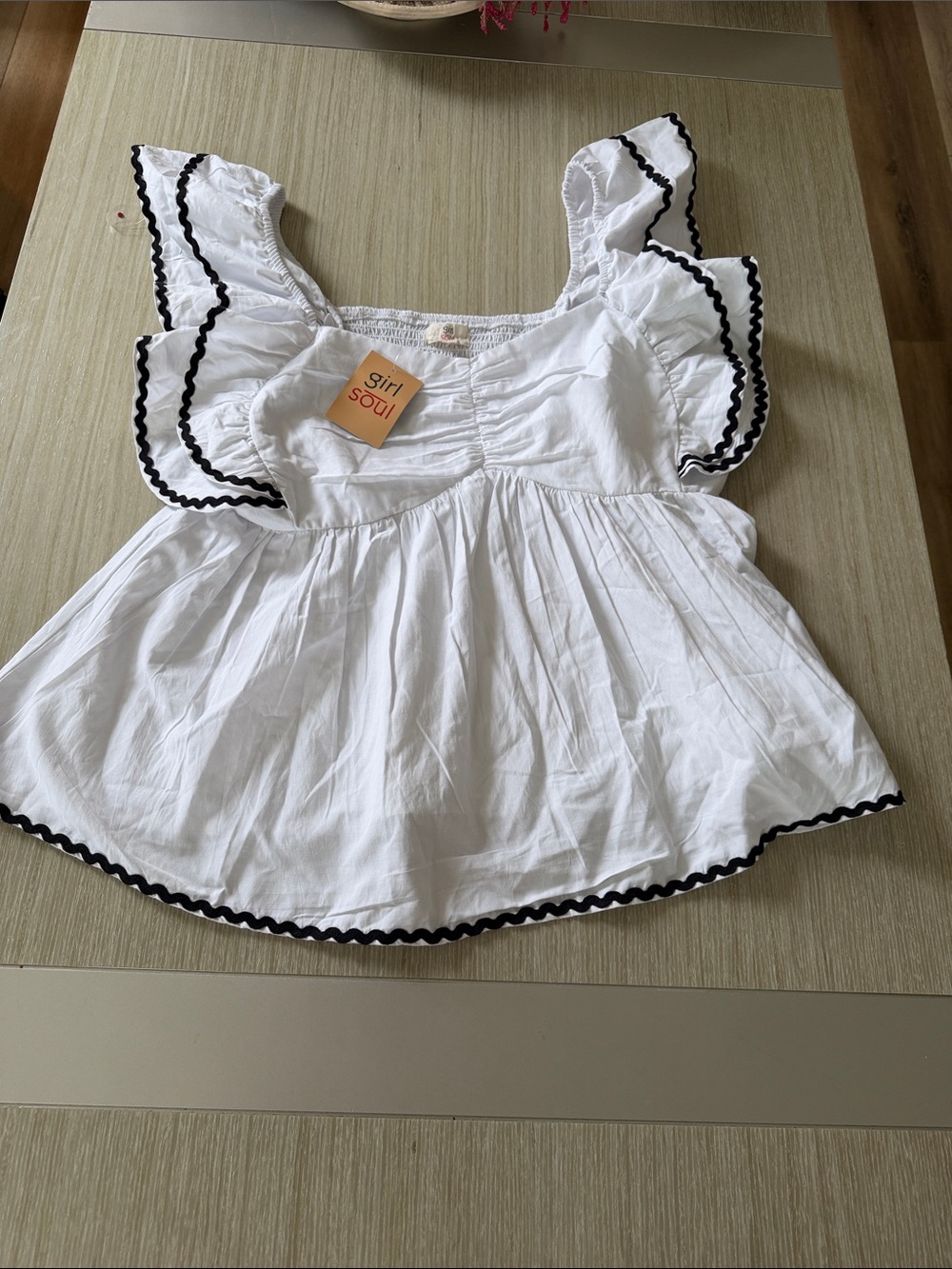 Girl Soul White Ruffle Sleeve Top with Black Trim